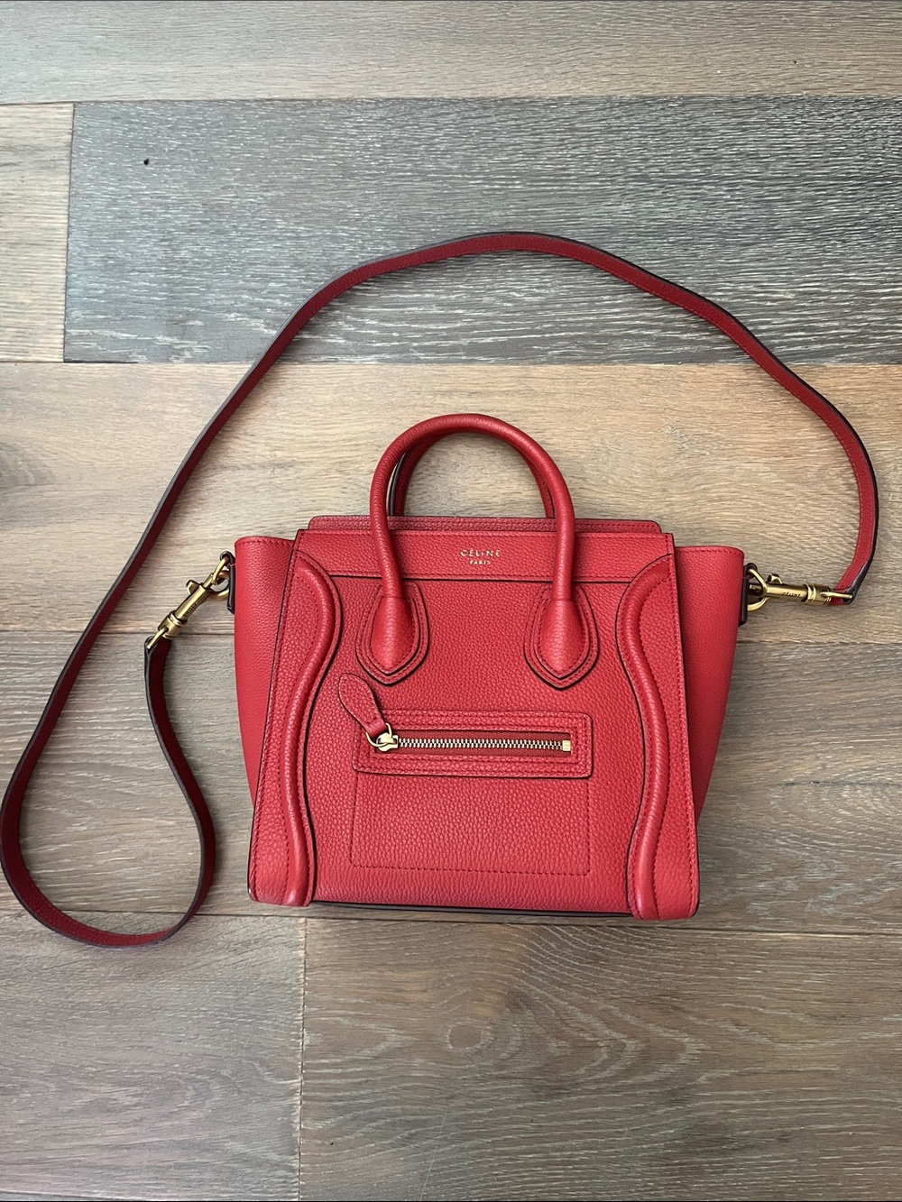 Celine Red Grained Leather Nano Luggage Tote with Shoulder Strap - Picture 3 of 11